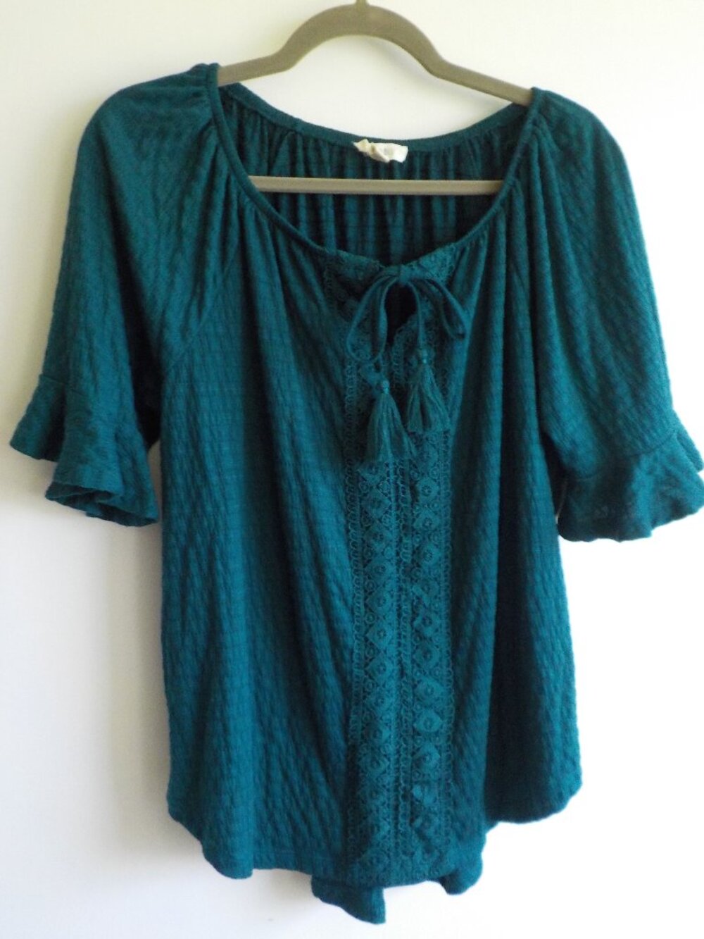 Como Blu Blouse - Large - Teal Boho Tassel Short Sleeve Ruffle (2515)